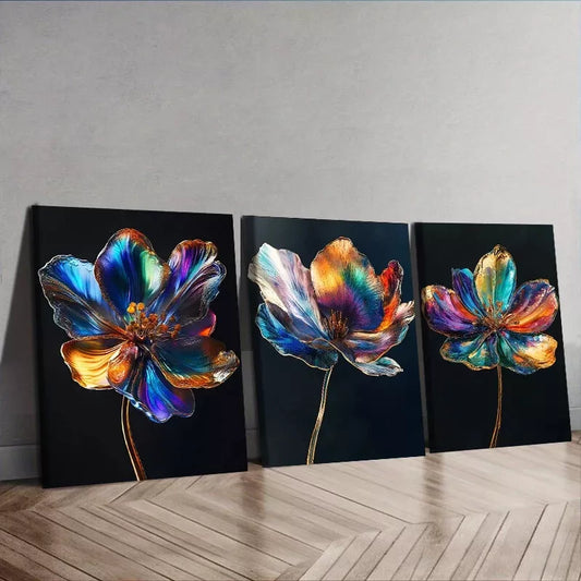 3pcss Modern Art Deco Metallic Flowers Wall Art Set Canvas Framed 40x60cm - High Quality Print 100% Australian Made Wall Canvas Ready to Hang