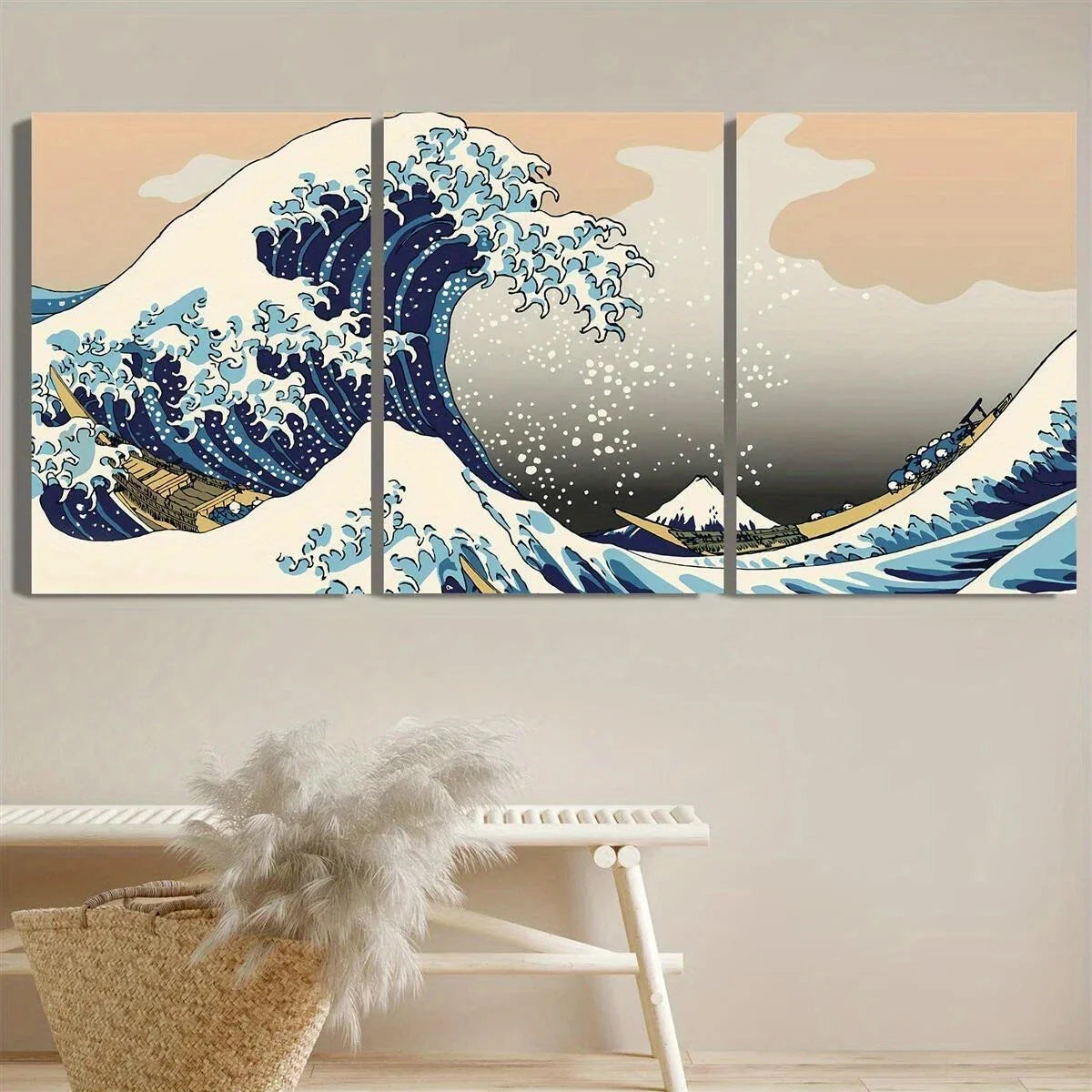 3pcs Retro Natural Ocean Kanagawa Wave Metal Print Ready to Hang Art