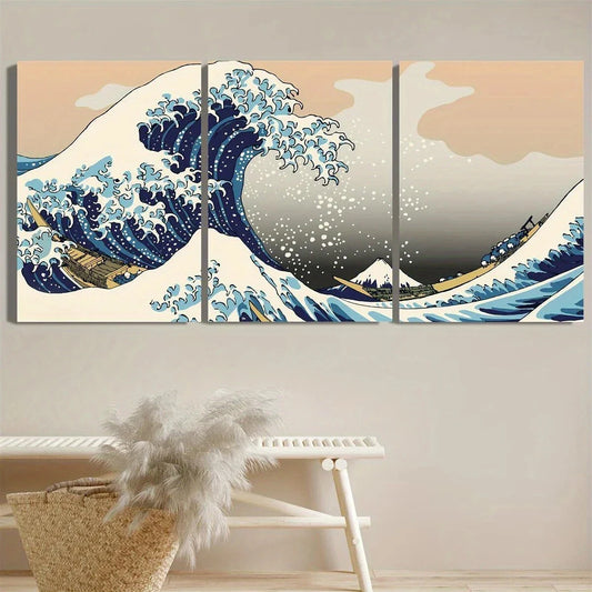3pcs Retro Natural Ocean Kanagawa Wave Metal Print Ready to Hang Art