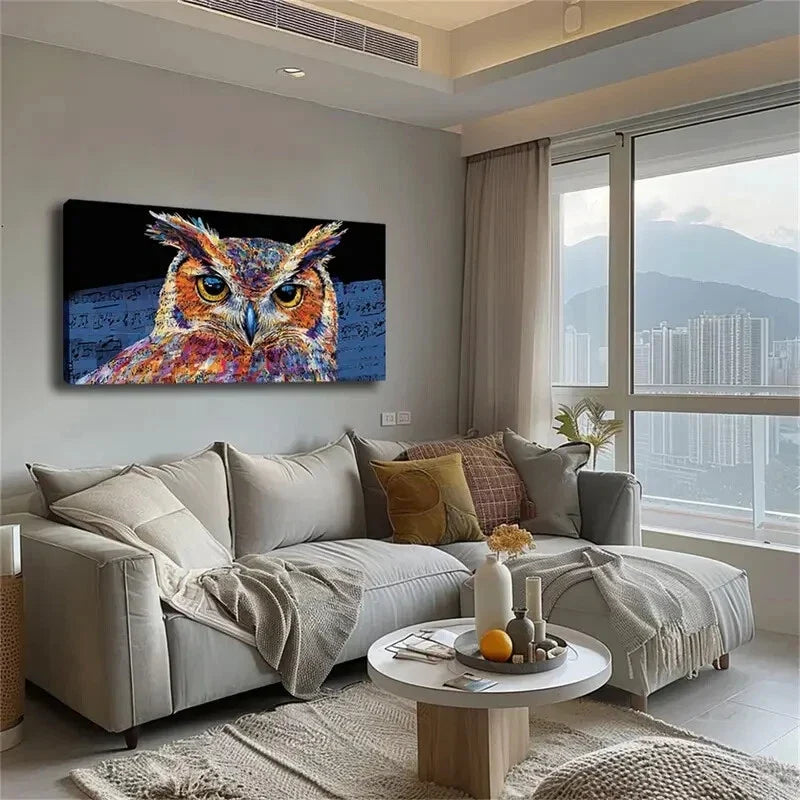 Vibrant Watercolor Owl Musical Wall Art Canvas Office Home Room Framed 120x60cm