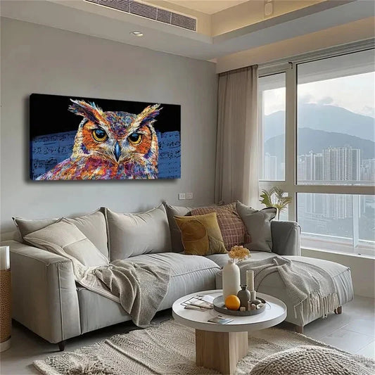 Vibrant Watercolor Owl Musical Wall Art Canvas Office Home Room Framed 120x60cm
