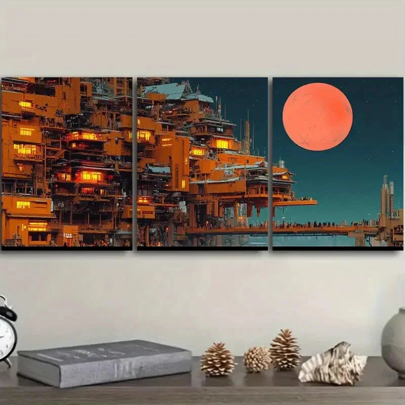 3pcs Depicting a Vibrant City Scene  Wall Art Set Canvas Framed 40x60cm - High Quality Print 100% Australian Made Wall Canvas Ready to Hang