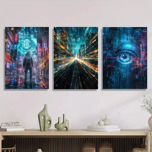 3pcs Depicting a Cyberpunk Futuristic Cityscape, Metal Print Ready to Hang Art