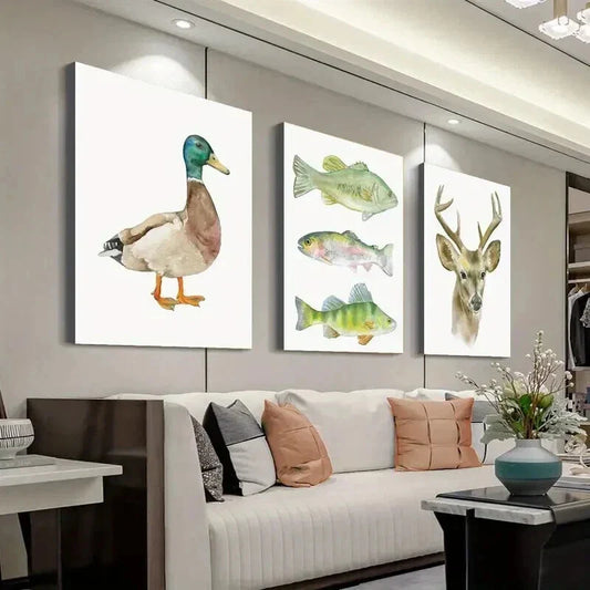 3pcs Watercolor Animal Duck Fish Deer Wall Art Set Canvas Framed 40x60cm - High Quality Print 100% Australian Made Wall Canvas Ready to Hang
