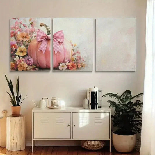 3pcs Pink Pumpkin with Floral Accents & Ribbon Metal Print Ready to Hang Art