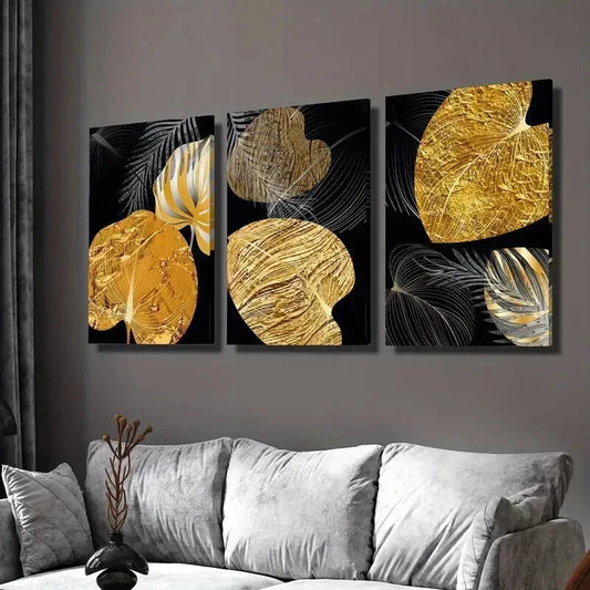 3pcs Abstract Nordic Golden Plant Leaves Wall Art Set Canvas Framed 40x60cm - High Quality Print 100% Australian Made Wall Canvas Ready to Hang