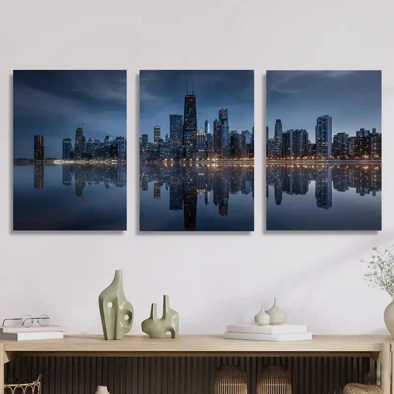 3pcs Cityscape, skyline, skyscrapers Metal Print Ready to Hang Art