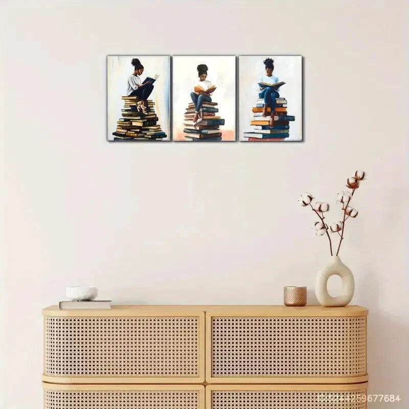 3pcs Modern African American Reading Art Posters Metal Print Ready to Hang Art