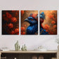 3pcs Vibrant Blue Peacock Red Flowers Metal Print Ready to Hang Art