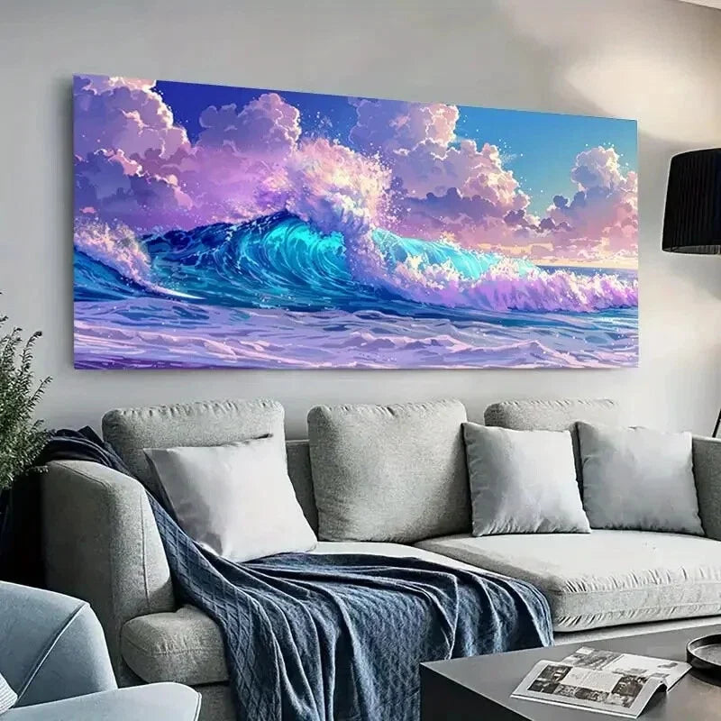 Vibrant Cloudy Ocean Waves wall canvas office home room framed 120x60cm