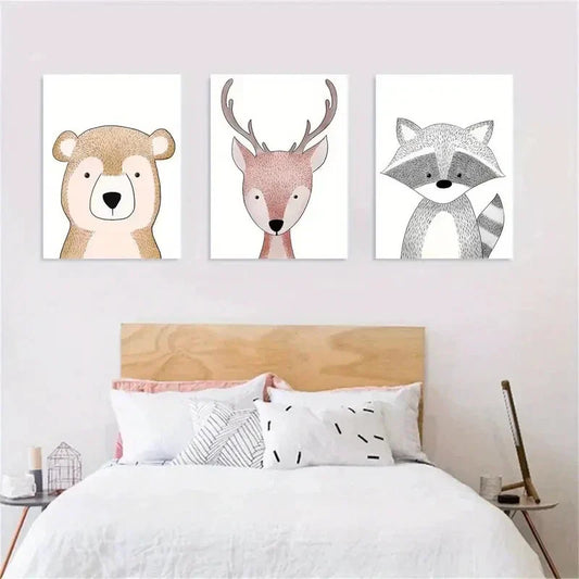3pcs Animals Art Bear Deer And Raccoon Metal Print Ready to Hang Art