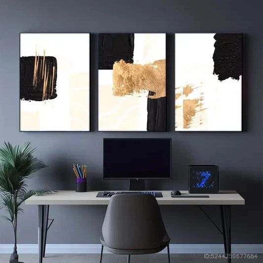 3pcs Black White and Golden Brush Stroke Designs Metal Print Ready to Hang Art