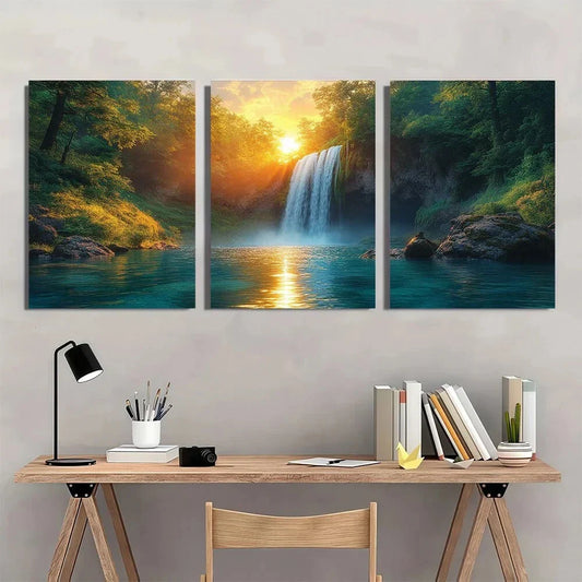 3pcs Tropical Waterfall Surrounded Lush Greenery Metal Print Ready to Hang Art