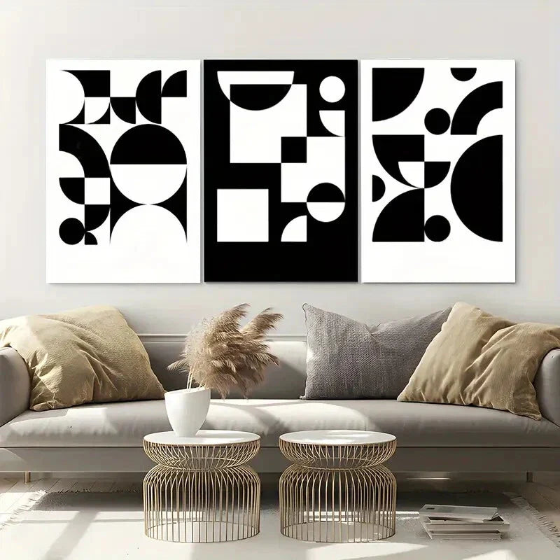 3pcs Abstract Contemporary Black & White Metal Print Ready to Hang Art