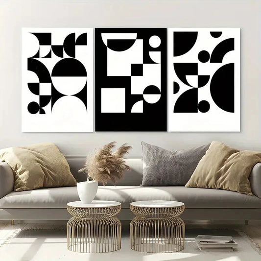 3pcs Abstract Contemporary Black & White Metal Print Ready to Hang Art