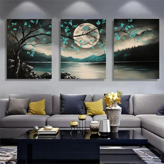 3pcs Lake And Tree Silhouettes Blue And Black Metal Print Ready to Hang Art
