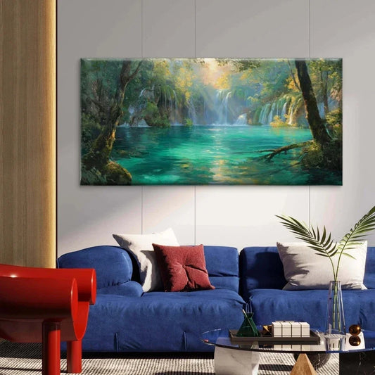 Lake & Sunlit Forest Landscape Wall Art Canvas Office Home Room Framed 80x45cm