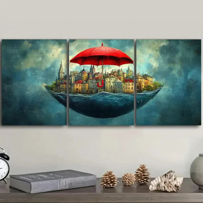 3pcs City view under a red umbrella Wall Art Set Canvas Framed 40x60cm - High Quality Print 100% Australian Made Wall Canvas Ready to Hang