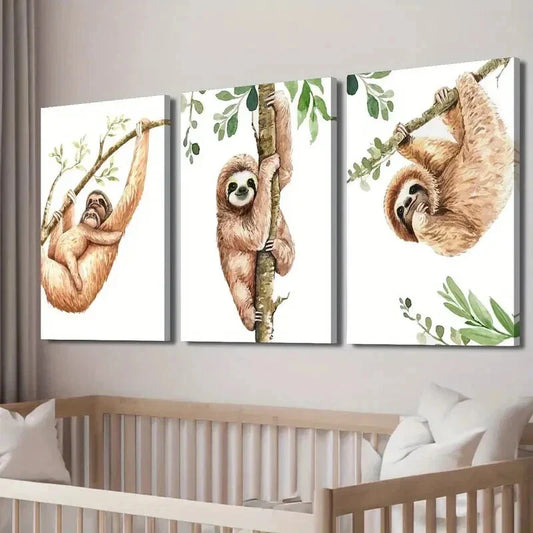3pcs Wildlife Sloth Watercolor Decor Wall Art Set Canvas Framed 40x60cm - High Quality Print 100% Australian Made Wall Canvas Ready to Hang