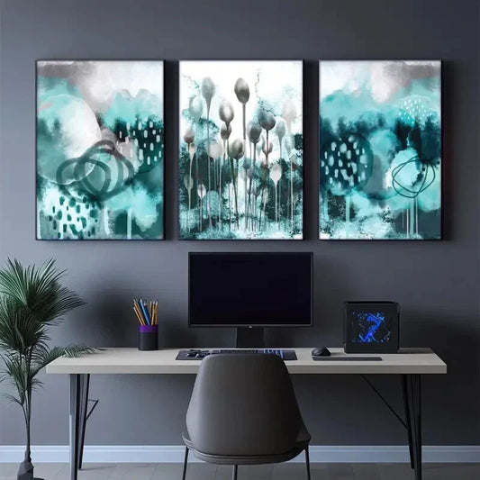 3pcs Ink Flower Blue and Black Decoration Metal Print Ready to Hang Art