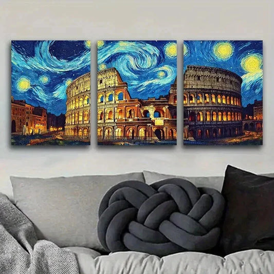 3pcs Starry Night Colosseum Colorful Perfect Wall Art Set Canvas Framed 40x60cm - High Quality Print 100% Australian Made Wall Canvas Ready to Hang