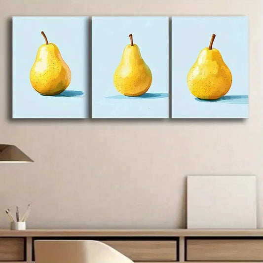 3pcs Vibrant Yellow Pear Design on Blue Background Metal Print Ready to Hang Art