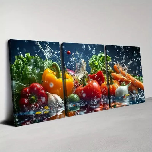 3pcs Vibrant Vegetables with Water Splashing Wall Art Set Canvas Framed 40x60cm - High Quality Print 100% Australian Made Wall Canvas Ready to Hang
