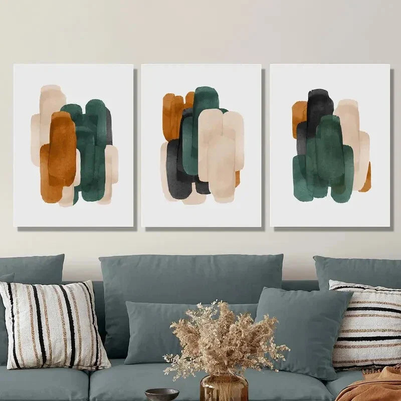 3pcs Abstract Geometric Minimalist Green & Brown Metal Print Ready to Hang Art