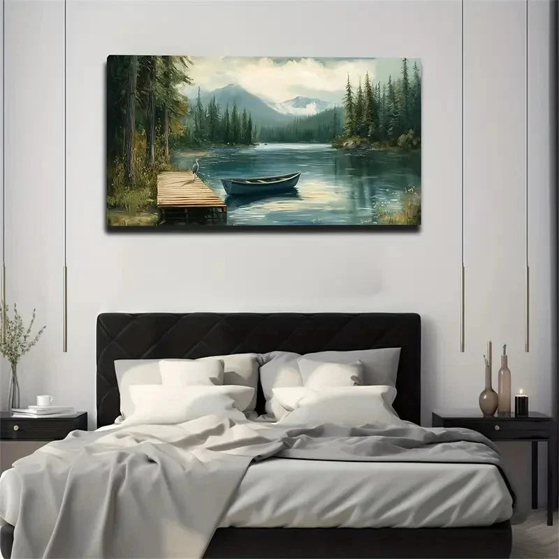 A Small Wooden Boat On Lake Wall Art Canvas Office Home Room Framed 80x45cm