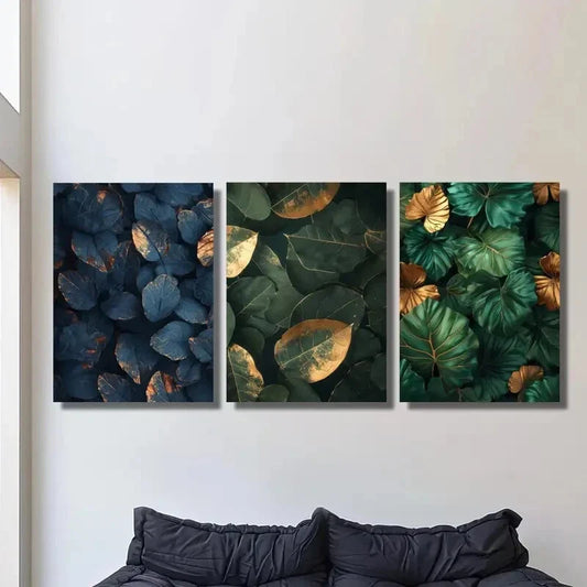 3pcs Jungle &amp; Green Leaves with Golden Accents Metal Print Ready to Hang Art