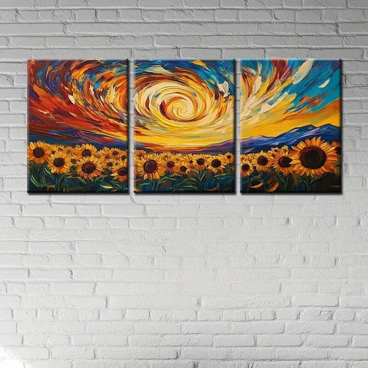 3pcs Golden Sunflowers & Swirling Sky Metal Print Ready to Hang Art