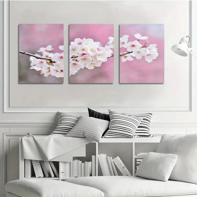 3pcs Pink and White Peach Cherry Blossom Metal Print Ready to Hang Art