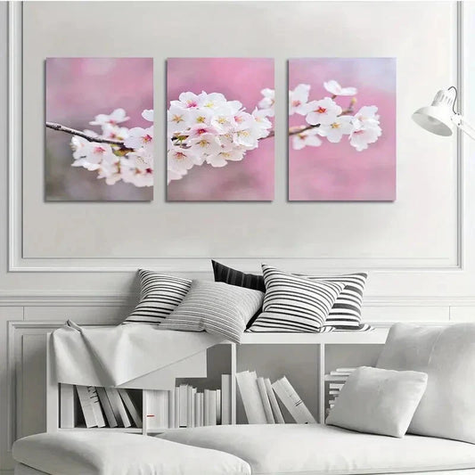 3pcs Pink and White Peach Cherry Blossom Metal Print Ready to Hang Art