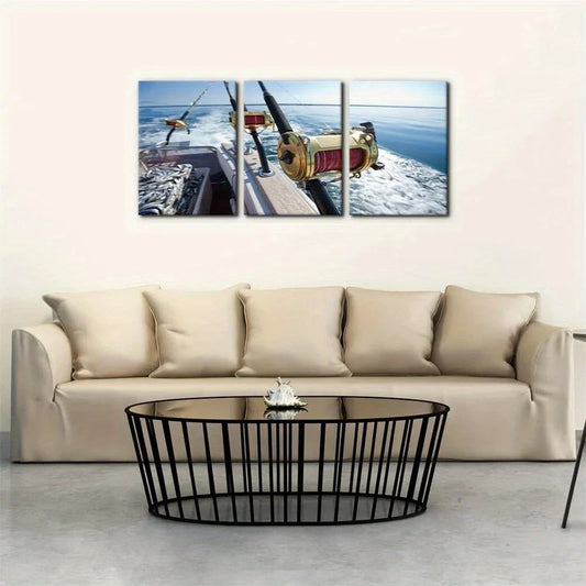 3pcs Fishing Reels and Rods White Sea Wave Metal Print Ready to Hang Art