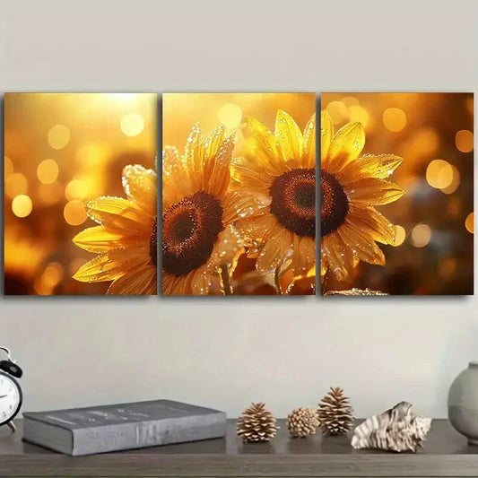 3pcs Sunflower Morning Dew Design Metal Print Ready to Hang Art