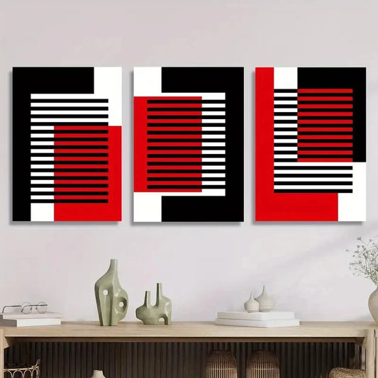3pcs Modern Abstract Geometric Black White Red Metal Print Ready to Hang Art