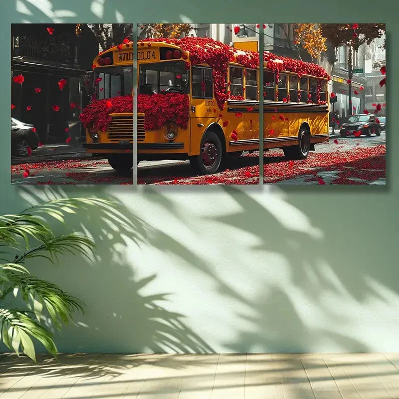 3pcs School bus, rose Art Painting Metal Print Ready to Hang Art