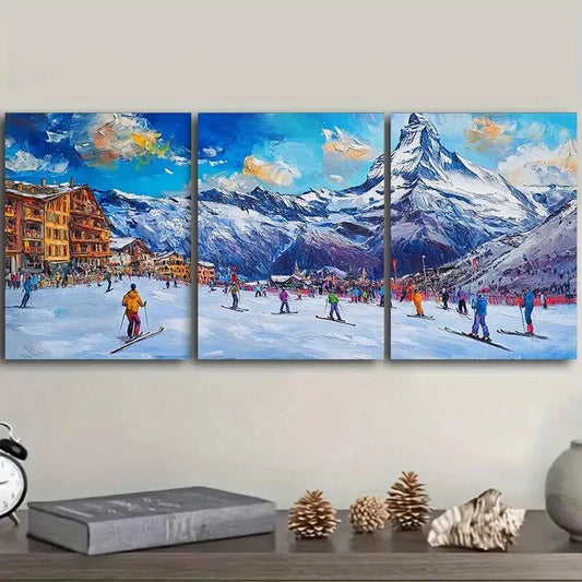 3pcs Winter Ski Resort Scene, Metal Print Ready to Hang Art