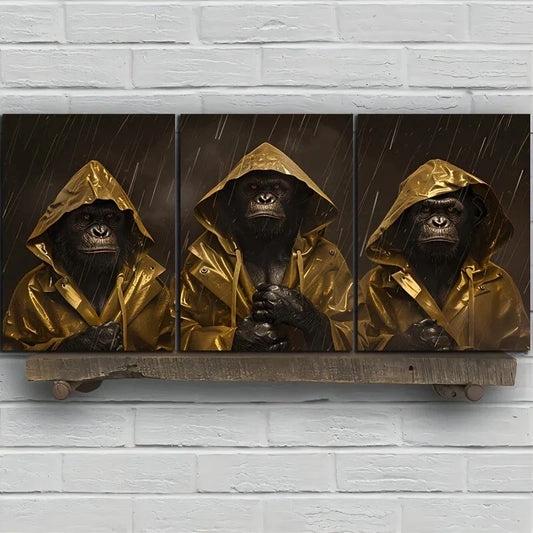 3pcs Chimpanzee Rain Court Rainy Metal Print Ready to Hang Art