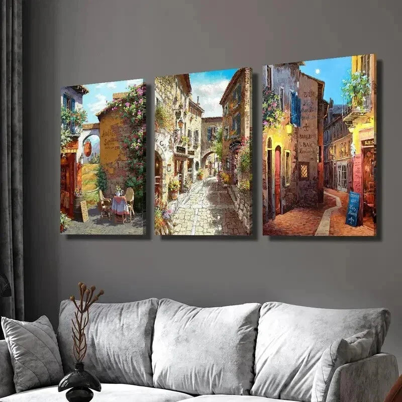 3pcs Tuscan Garden & European Town Wall Art Set Canvas Framed 40x60cm - High Quality Print 100% Australian Made Wall Canvas Ready to Hang