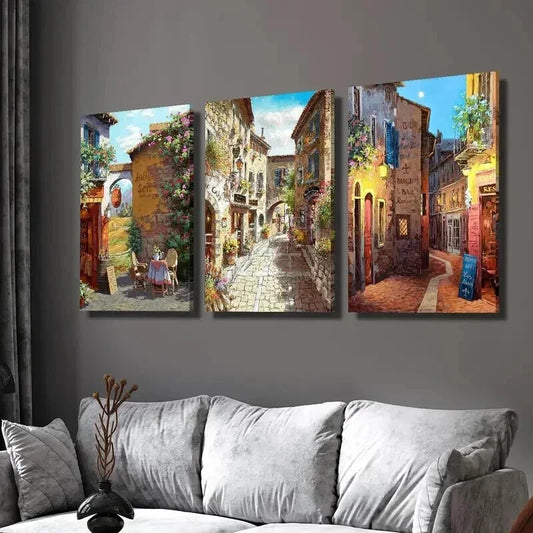 3pcs Tuscan Garden & European Town Wall Art Set Canvas Framed 40x60cm - High Quality Print 100% Australian Made Wall Canvas Ready to Hang