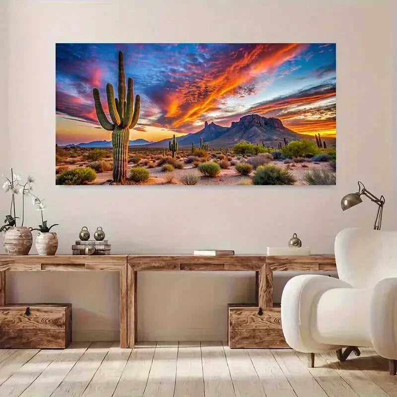Cactus Sunset Desert Décor Wall Art Canvas Office Home Room Framed 120x60cm