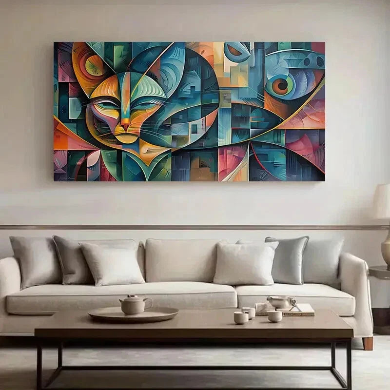 Abstract Green Cat Wall Art wall canvas office home room framed 120x60cm