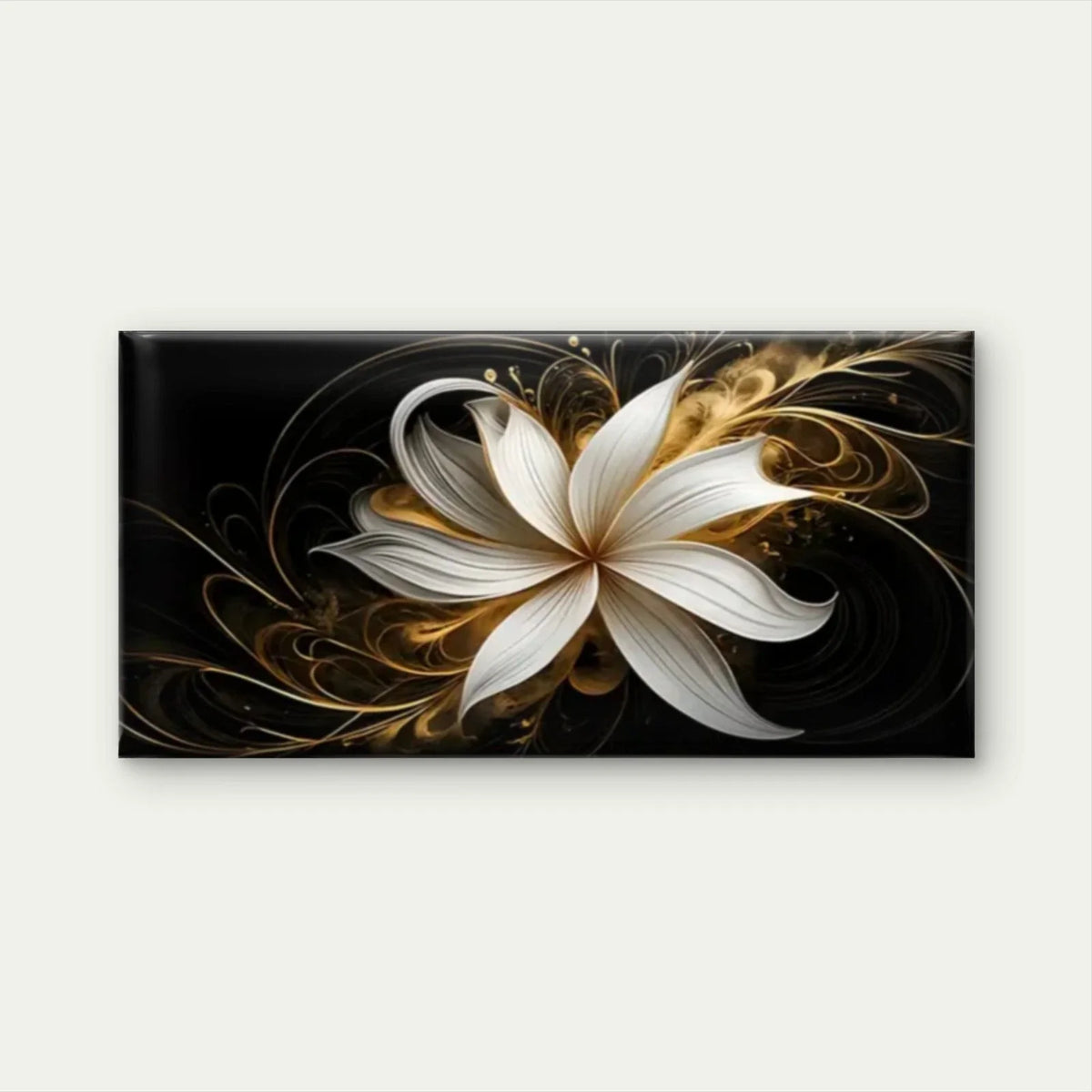 White Flowers Golden Lines Wall Art Canvas Office Home Room Framed 120x60cm
