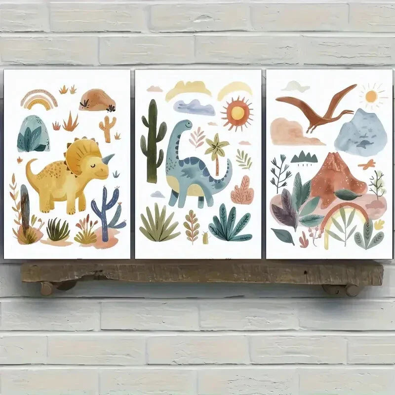 3pcs Triceratops Pterosaur Brontosaurus Cactus Metal Print Ready to Hang Art