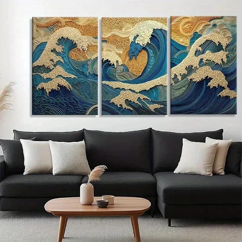 3pcs Inspired Ocean Waves Artwork Perfect Wall Art Set Canvas Framed 40x60cm - High Quality Print 100% Australian Made Wall Canvas Ready to Hang