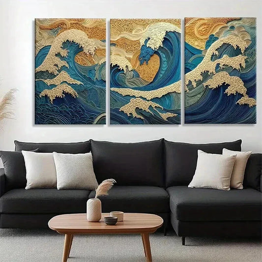 3pcs Inspired Ocean Waves Artwork Perfect Wall Art Set Canvas Framed 40x60cm - High Quality Print 100% Australian Made Wall Canvas Ready to Hang