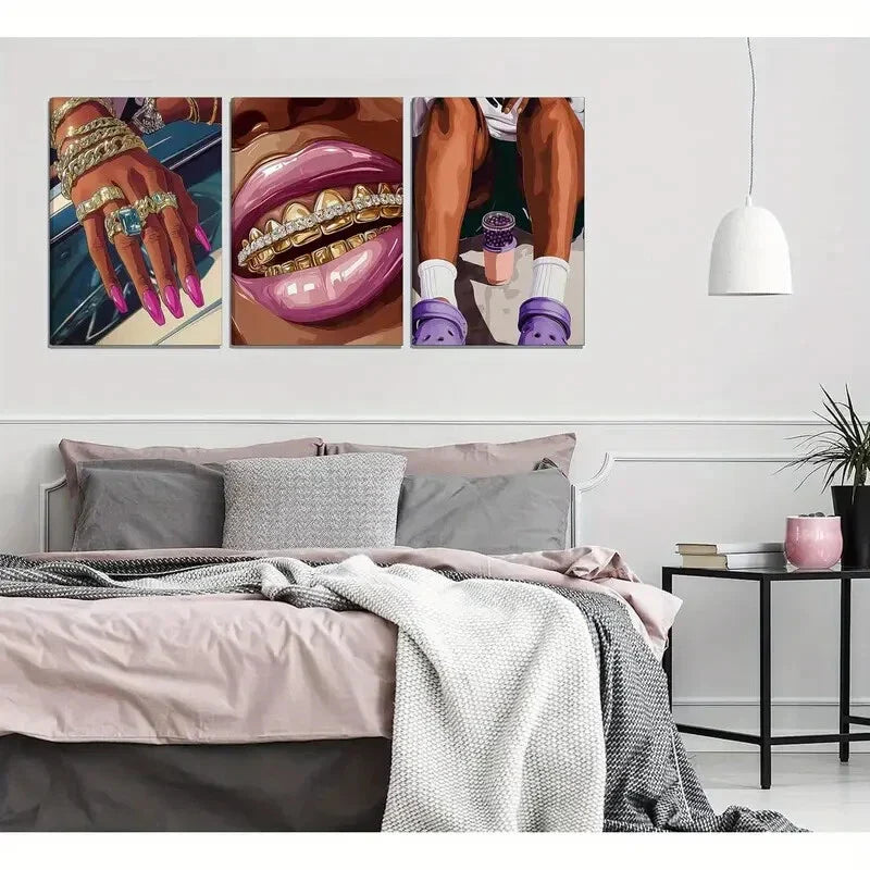 3pcs   African American Woman Pink, Purple & Golden Metal Print Ready to Hang Art