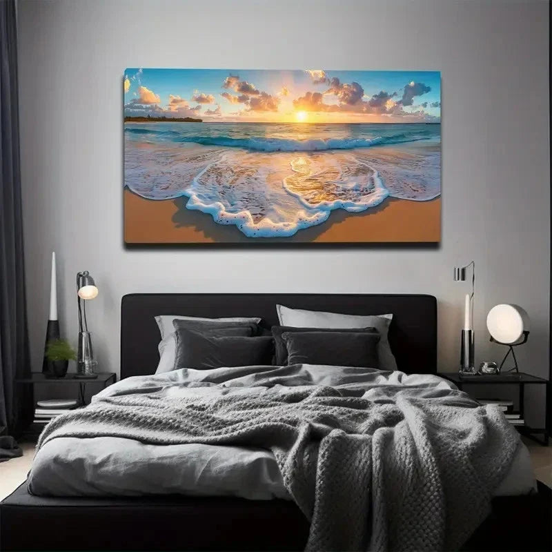 Vibrant Ocean Waves & Sandy Wall Art Canvas Office Home Room Framed 80x45cm