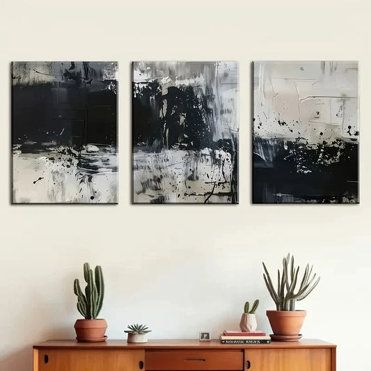 3pcs Art Abstract Canvas Painting Black Gray Metal Print Ready to Hang Art